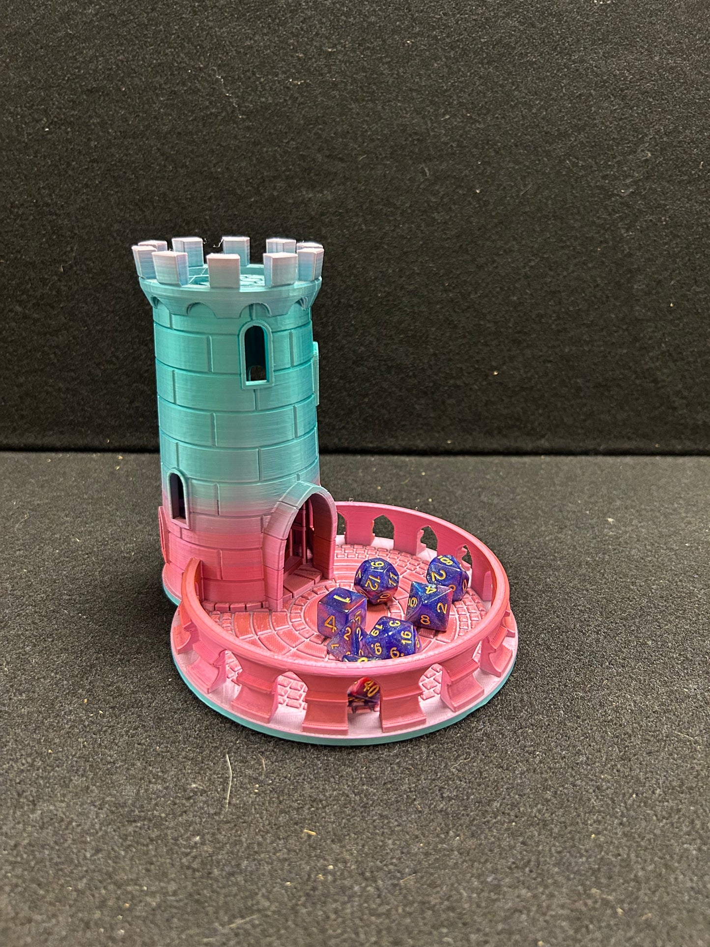 3D Printed Pink and teal Dice Tower