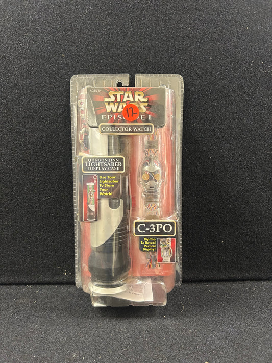 Star wars episode 1 collector watch qui-gon jinn lightsaber display case c-3po watch 1999 hope industries