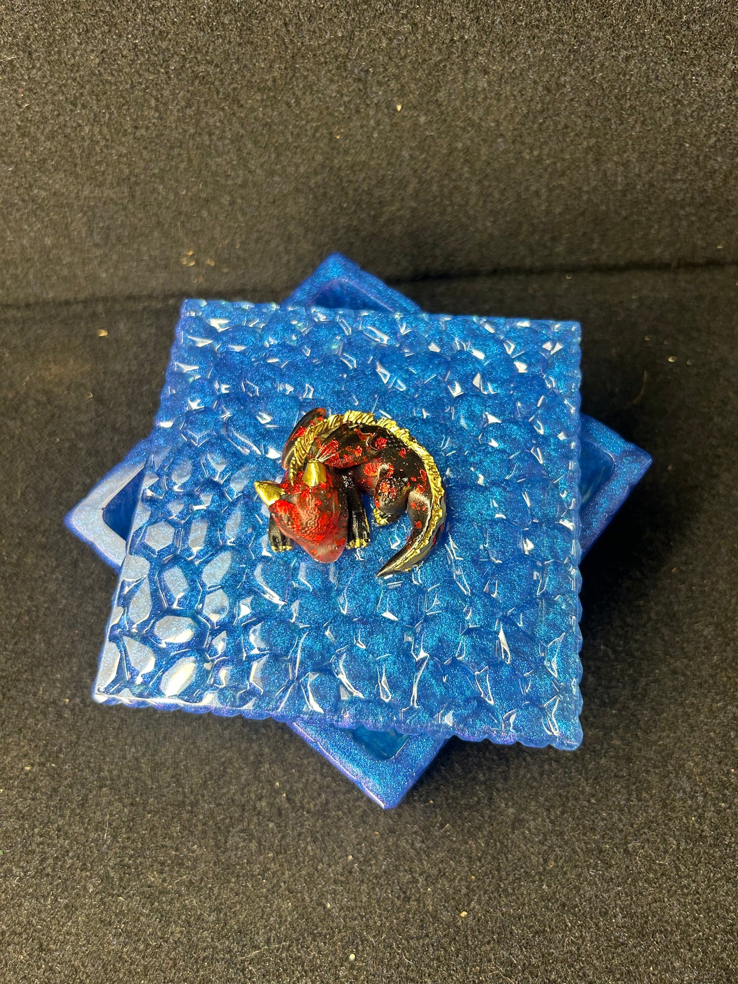 Blue Jewelry Box with Red and Black Baby Dragon
