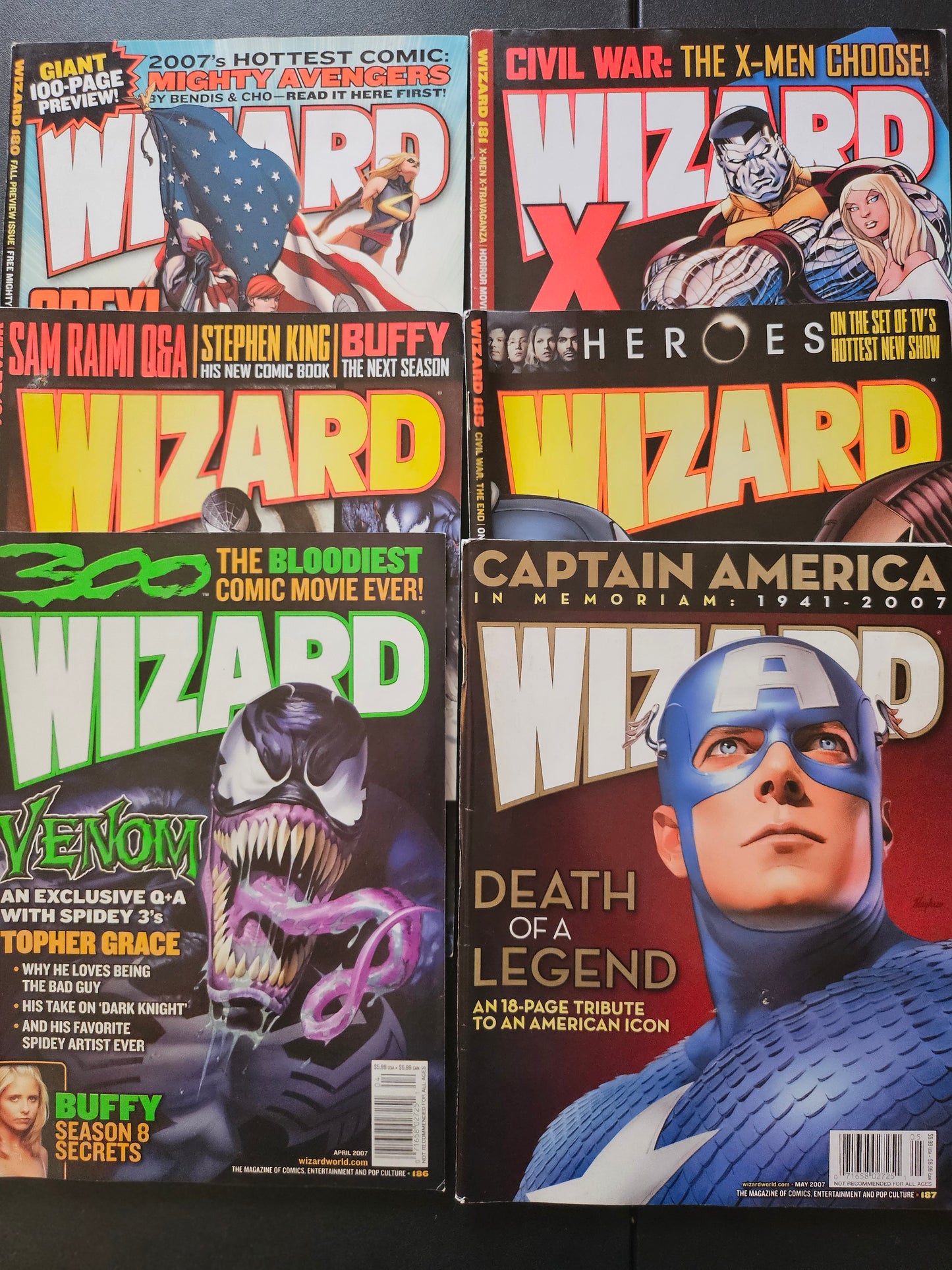 6 Wizard magazines 180 181 184 185 186 187 includes Captain America Memoriam